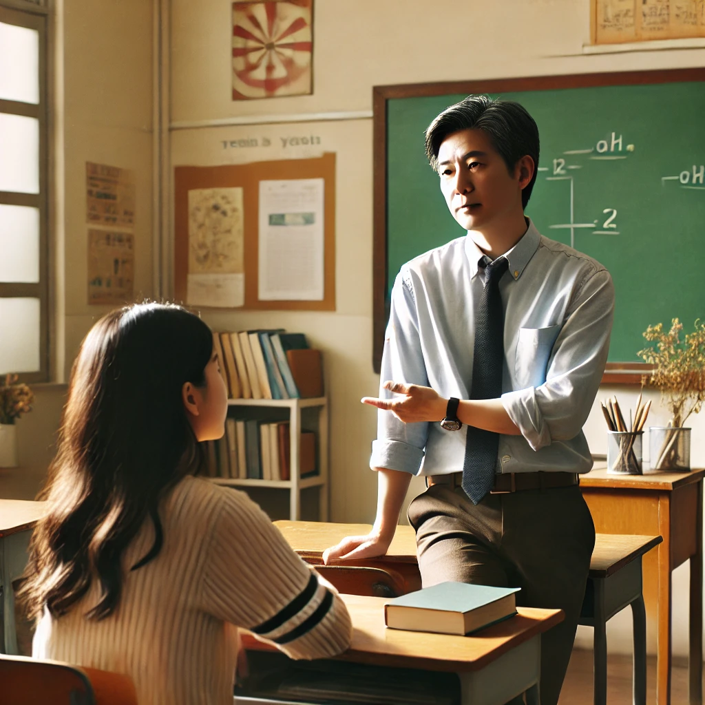 DALL·E 2025-02-26 14.47.12 - A classroom scene where a teacher is having a thoughtful conversation with a student. The teacher, a middle-aged Asian man, is standing in front of a .png